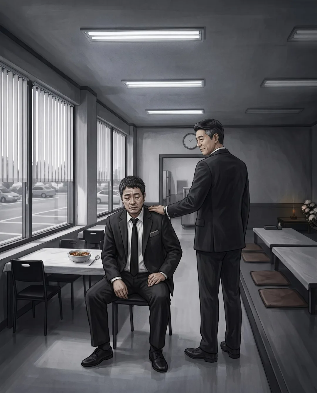 접객실 창가, 배병조가 윤 수사관의 어깨에 손을 얹고 윤 수사관은 식은 육개장 앞에서 바닥을 본다.