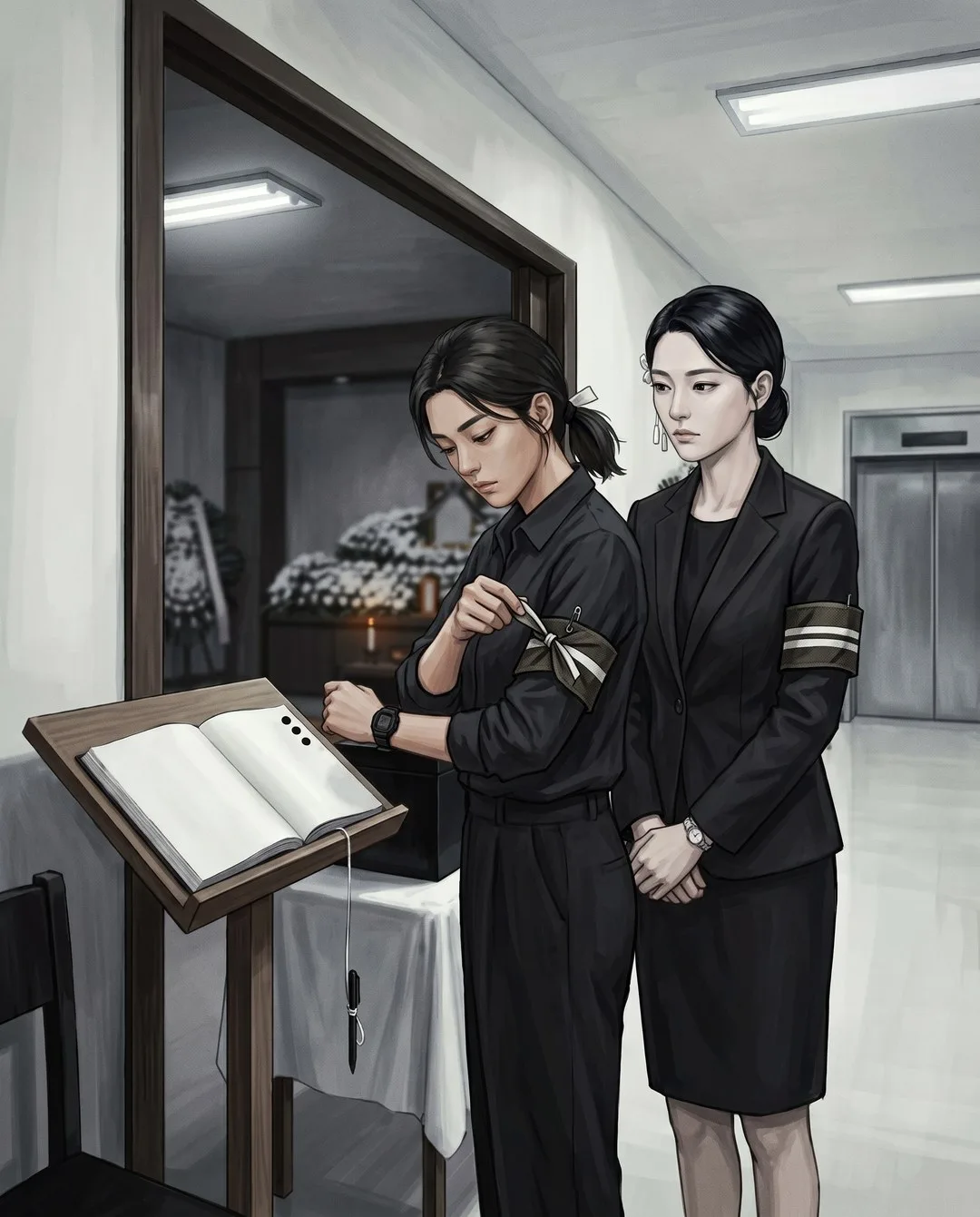 방명록 앞에서 현주가 완장 매듭을 풀었다 다시 묶고, 곁에 선 서진이 그 손을 본다.