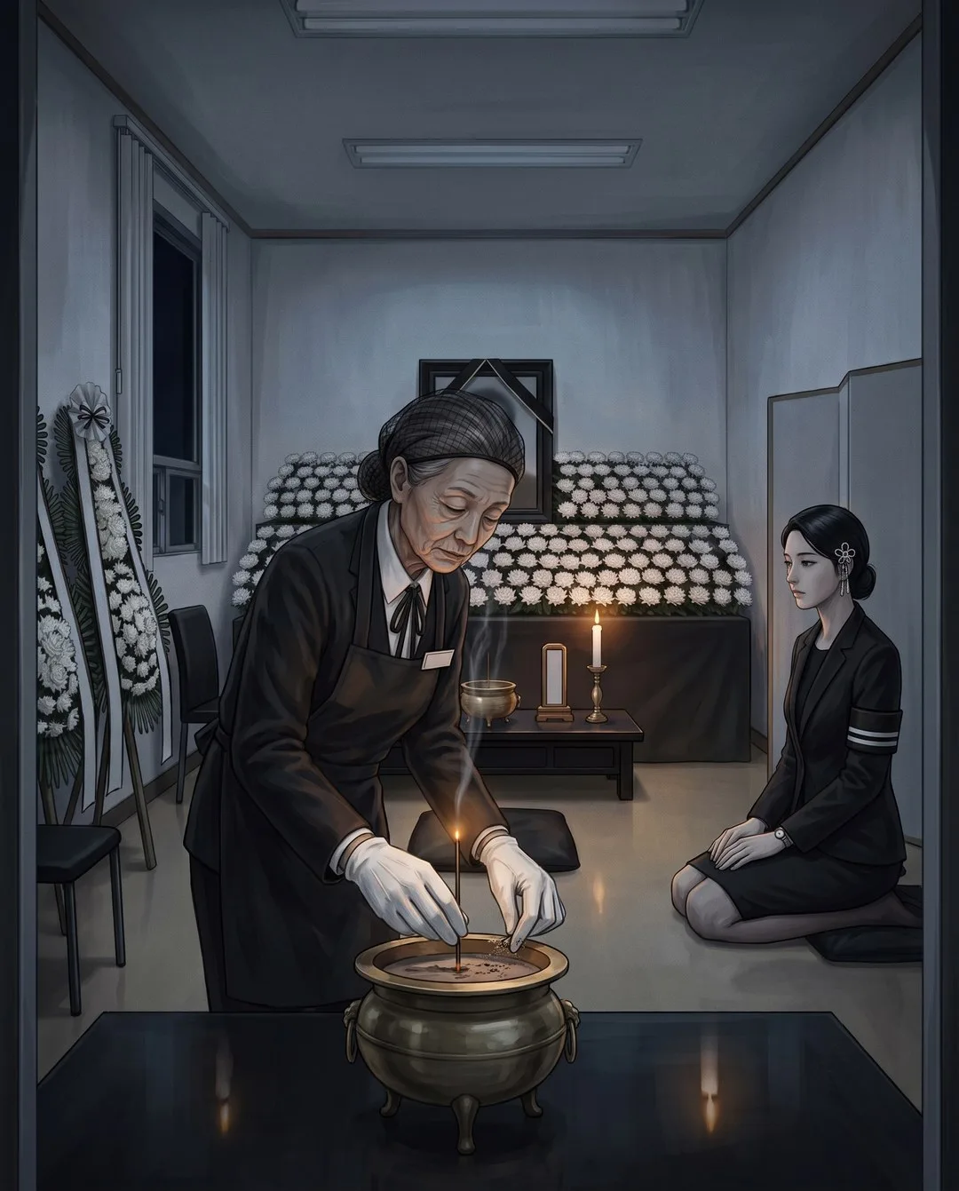 한밤의 빈소, 지도사가 흰 장갑 낀 손으로 새 향을 꽂고 향로 가장자리의 재를 쓸어 담는다.