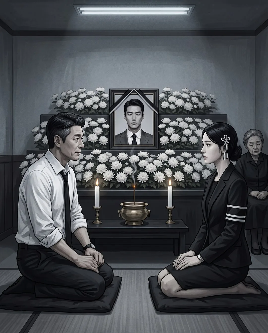 새벽 빈소, 영정 옆에 무릎 꿇은 배병조가 손을 맞잡고 말하고 향 연기가 한쪽으로 휜다.