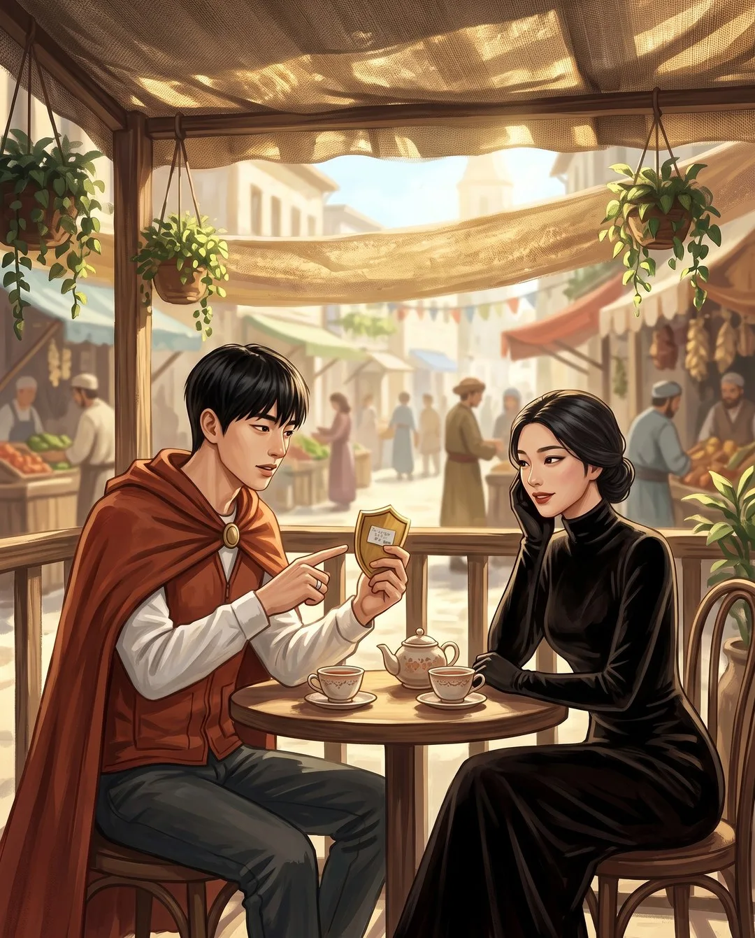 찻집 테라스에서 검은 드레스의 여인이 내민 금빛 문장을 청년이 뒤집어 본다