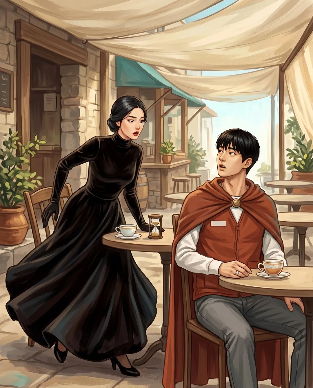 찻잔 옆 모래시계를 본 검은 드레스의 여인이 의자를 밀치며 벌떡 일어선다