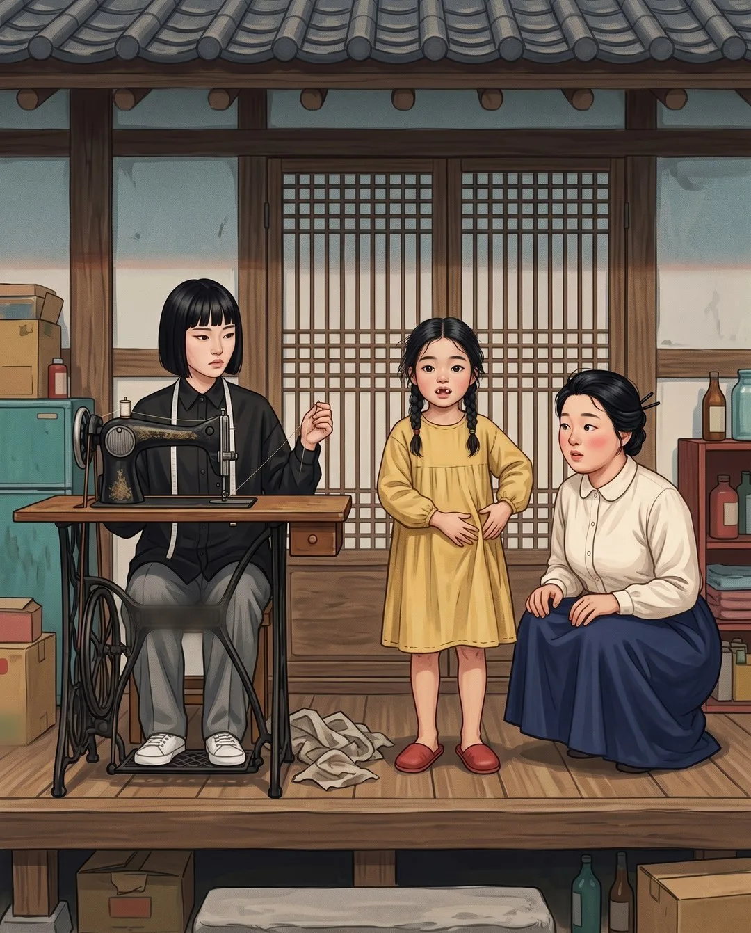 새벽 마루, 재봉틀 앞에 앉은 해주 옆에서 혜령이 노란 원피스 옆구리를 더듬고 말자가 쪼그려 앉아 본다