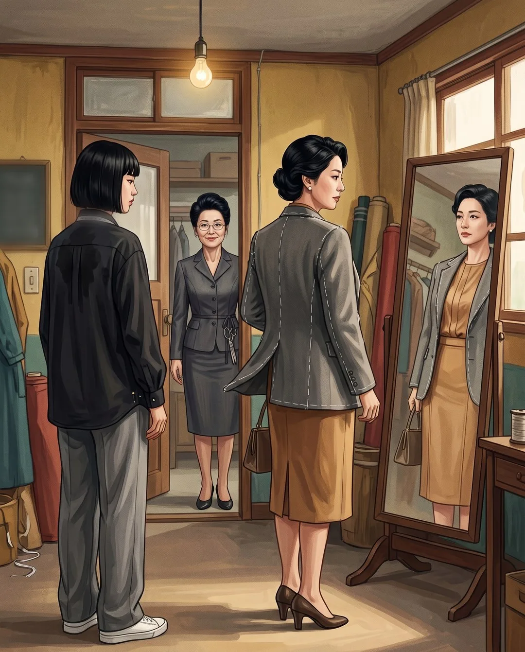 거울 앞에서 민 여사가 회색 재킷을 입고 몸을 돌리고 해주가 물러서 있으며 문간에 원장이 서 있다