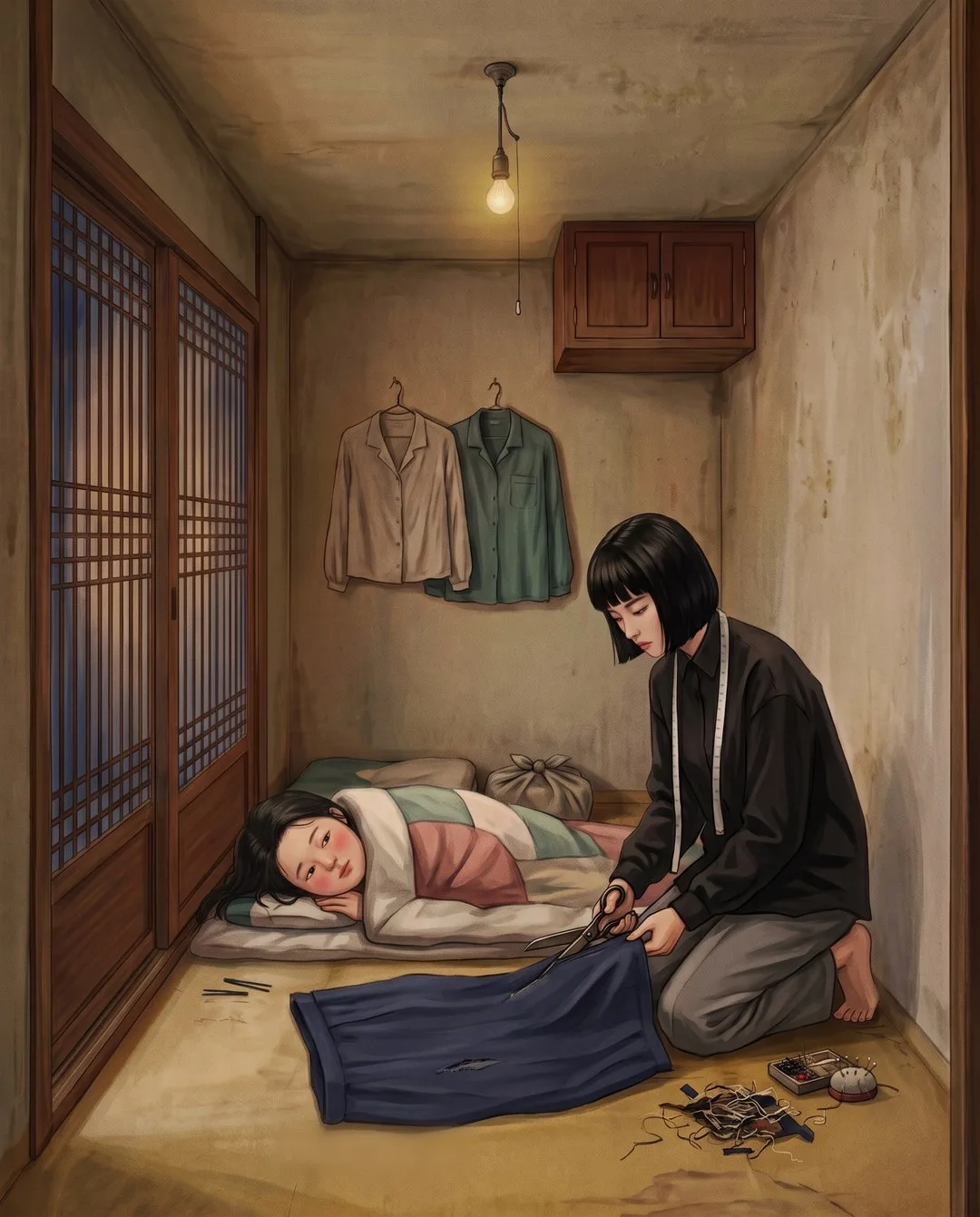 밤의 작은 방에서 해주가 바닥에 남색 천을 펴고 가위질하고 말자가 이불 밖으로 고개만 내민다