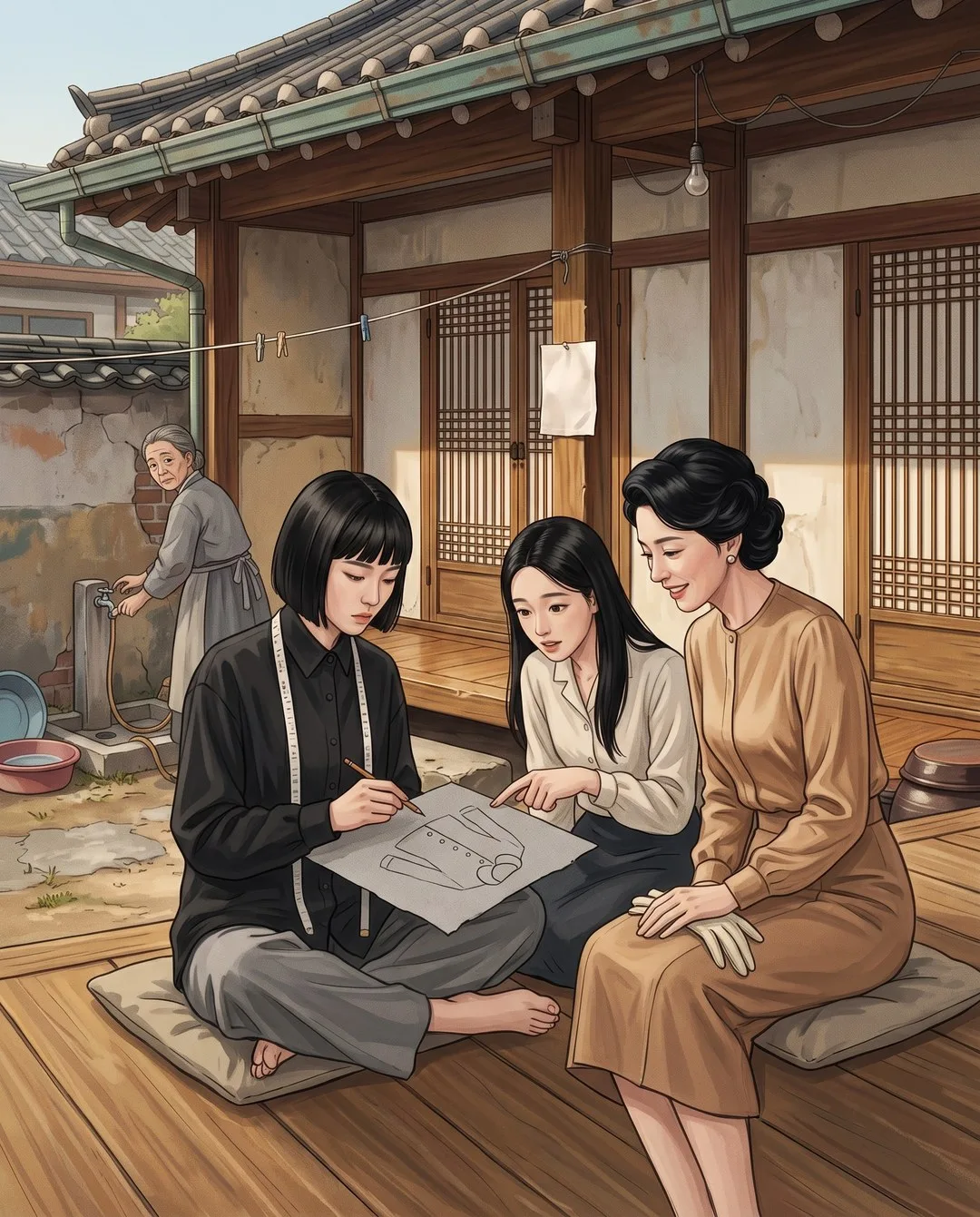 마루에 앉은 해주가 무릎 위 종이에 옷을 그리고 젊은 아가씨가 손가락으로 따라가며 민 여사가 웃는다