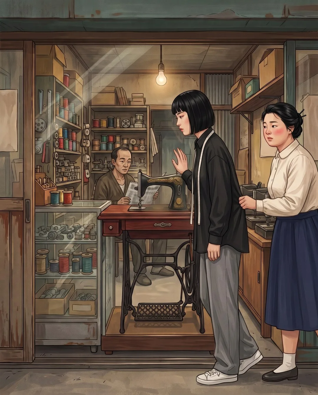 미싱 가게 앞에서 해주가 재봉틀 쪽으로 손을 들다 멈추고 말자가 셔츠 자락을 잡아당긴다