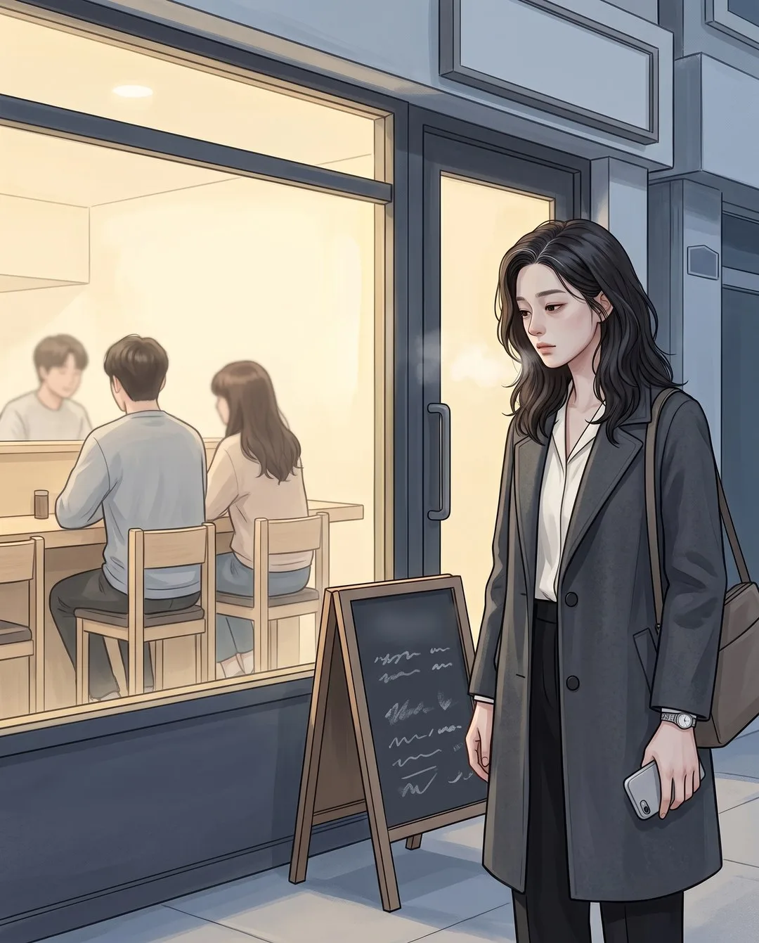 퇴근길 코트 차림의 성은이 초밥집 입간판 앞에 서 있고, 유리창 안에는 커플들이 앉아 있다.