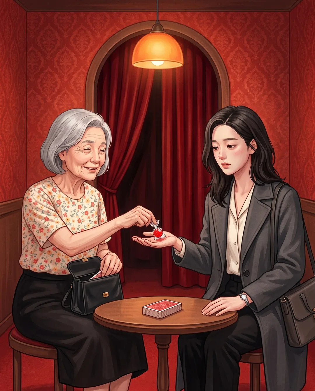 붉은 커튼 안 작은 탁자에서 은색 단발의 할머니가 성은의 손바닥에 빨간 사탕을 올려놓는다.
