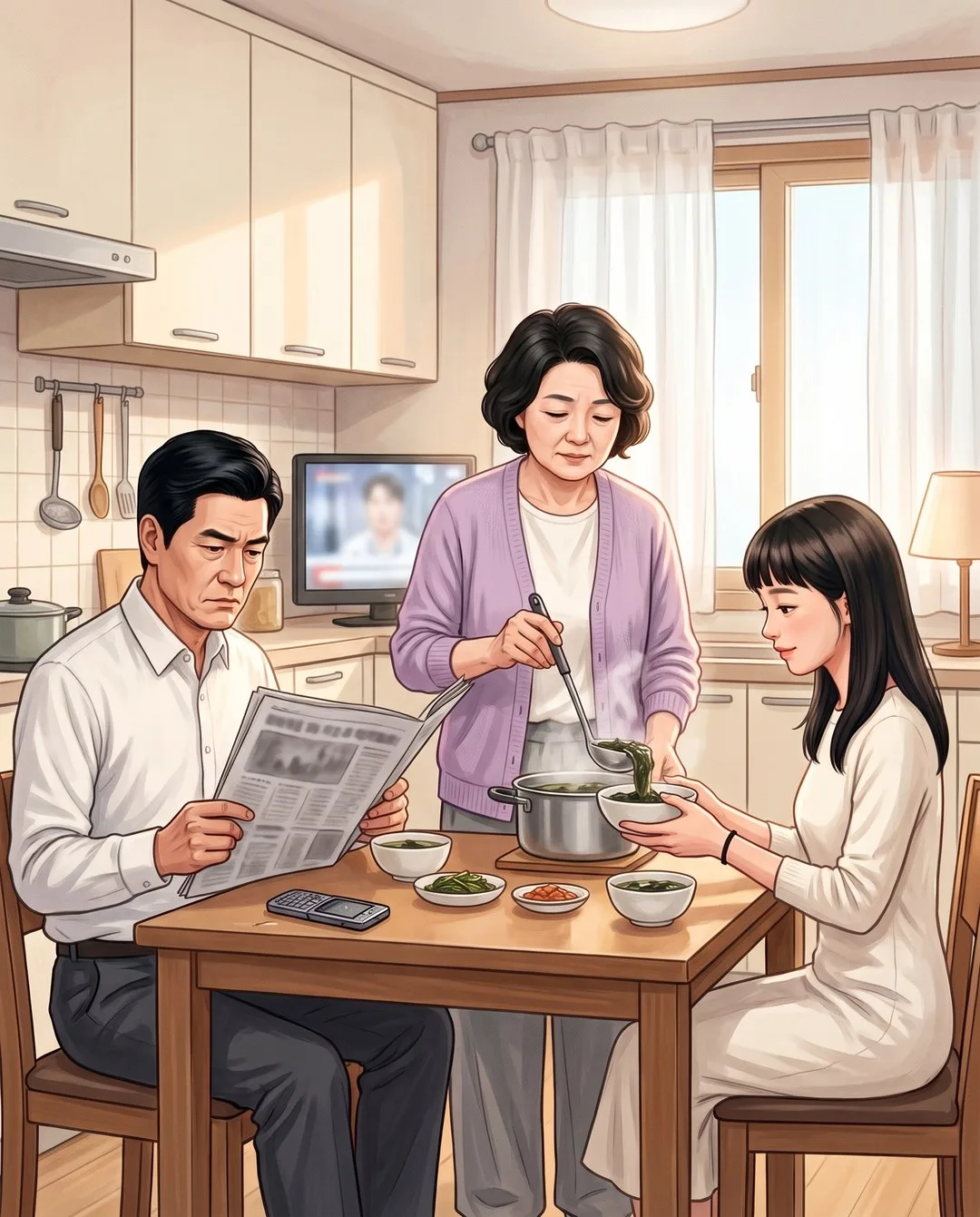 아침 식탁에서 검은 머리의 아빠가 신문을 들고 있고, 엄마가 성은의 그릇에 미역국을 가득 떠 준다.