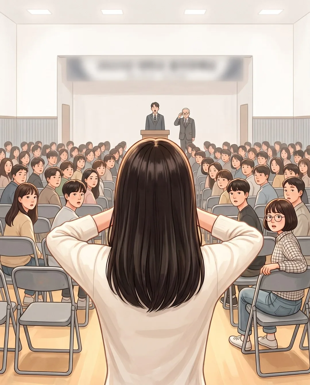 입학식 체육관의 신입생들이 일제히 돌아보고, 성은이 두 손을 얼굴로 올린 채 굳어 있다.