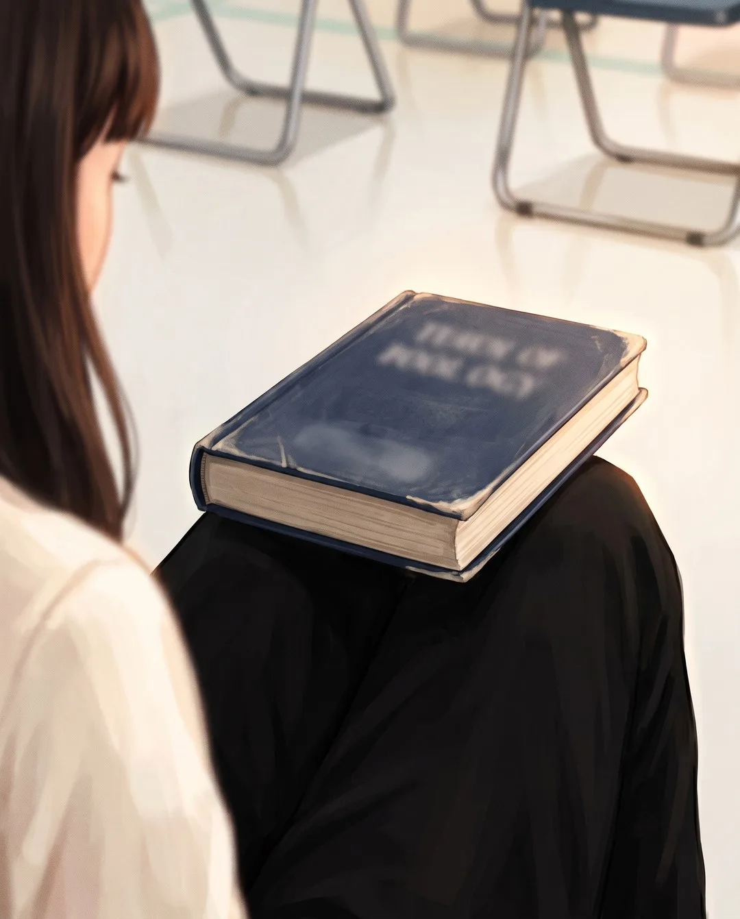 검은 바지 무릎 위에 모서리가 닳은 두꺼운 책 한 권이 얹혀 있다.