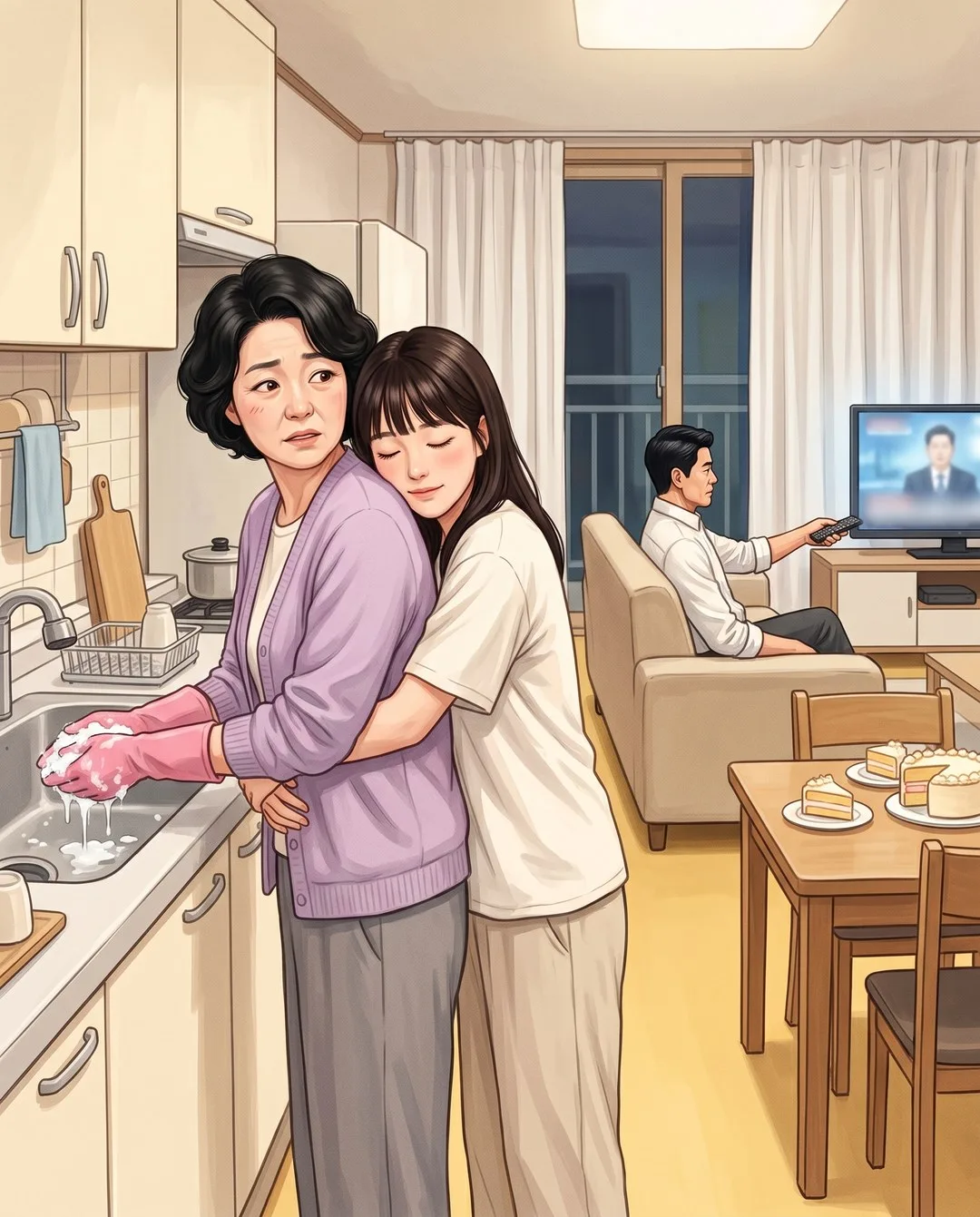 설거지하는 엄마를 성은이 뒤에서 끌어안고, 소파의 아빠는 리모컨으로 텔레비전 소리를 줄인다.