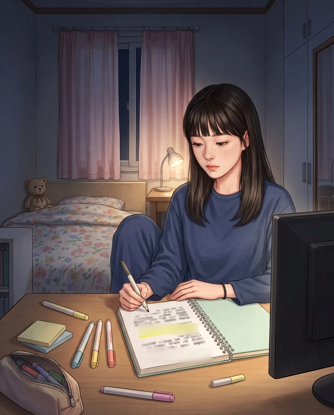 밤, 스탠드 불빛 아래 책상에서 성은이 스프링노트에 적은 한 줄을 오래 내려다본다.