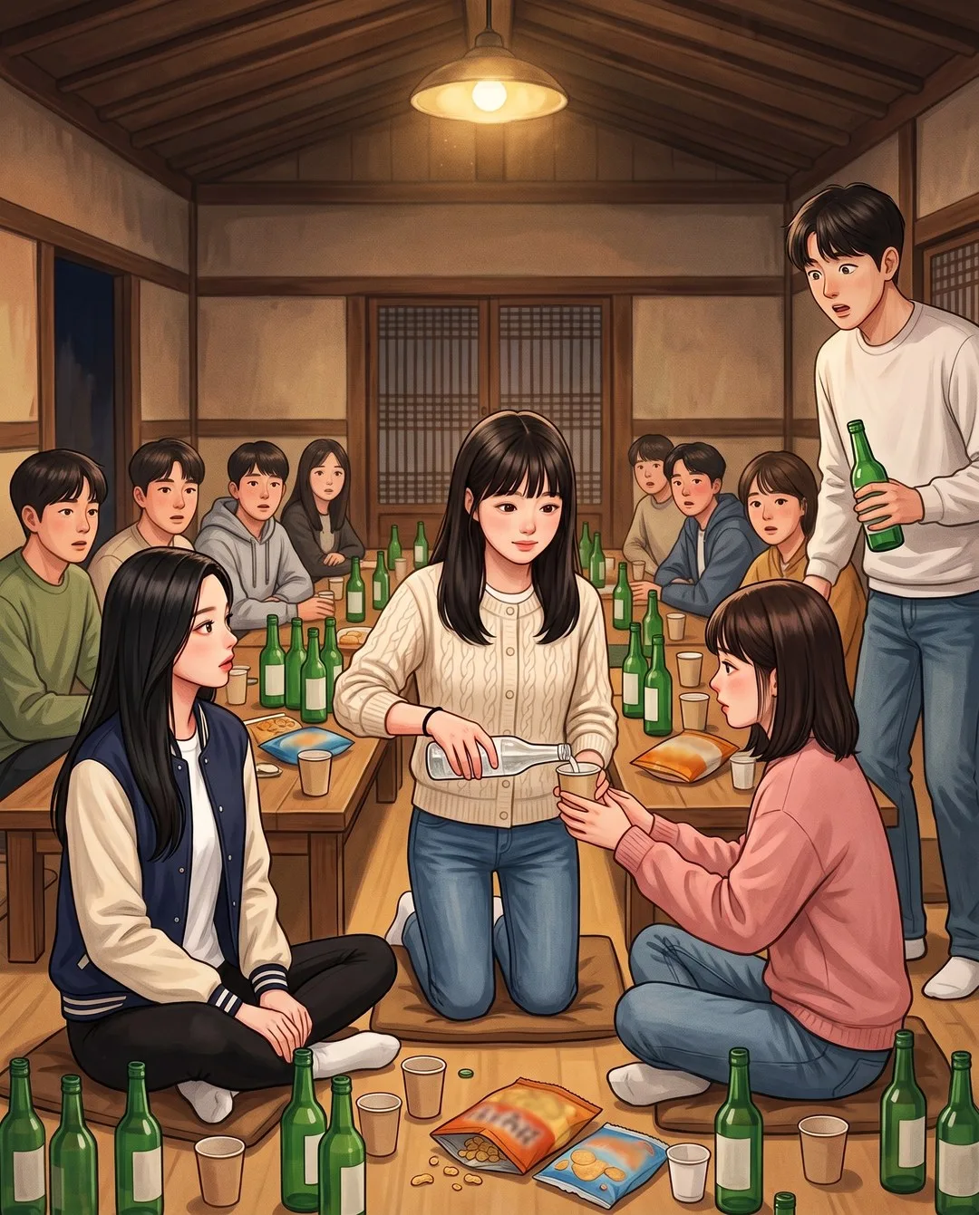 소주병이 놓인 긴 상에서 성은이 맞은편 여자애의 종이컵에 탄산음료를 따르고, 선배가 입을 벌린다.