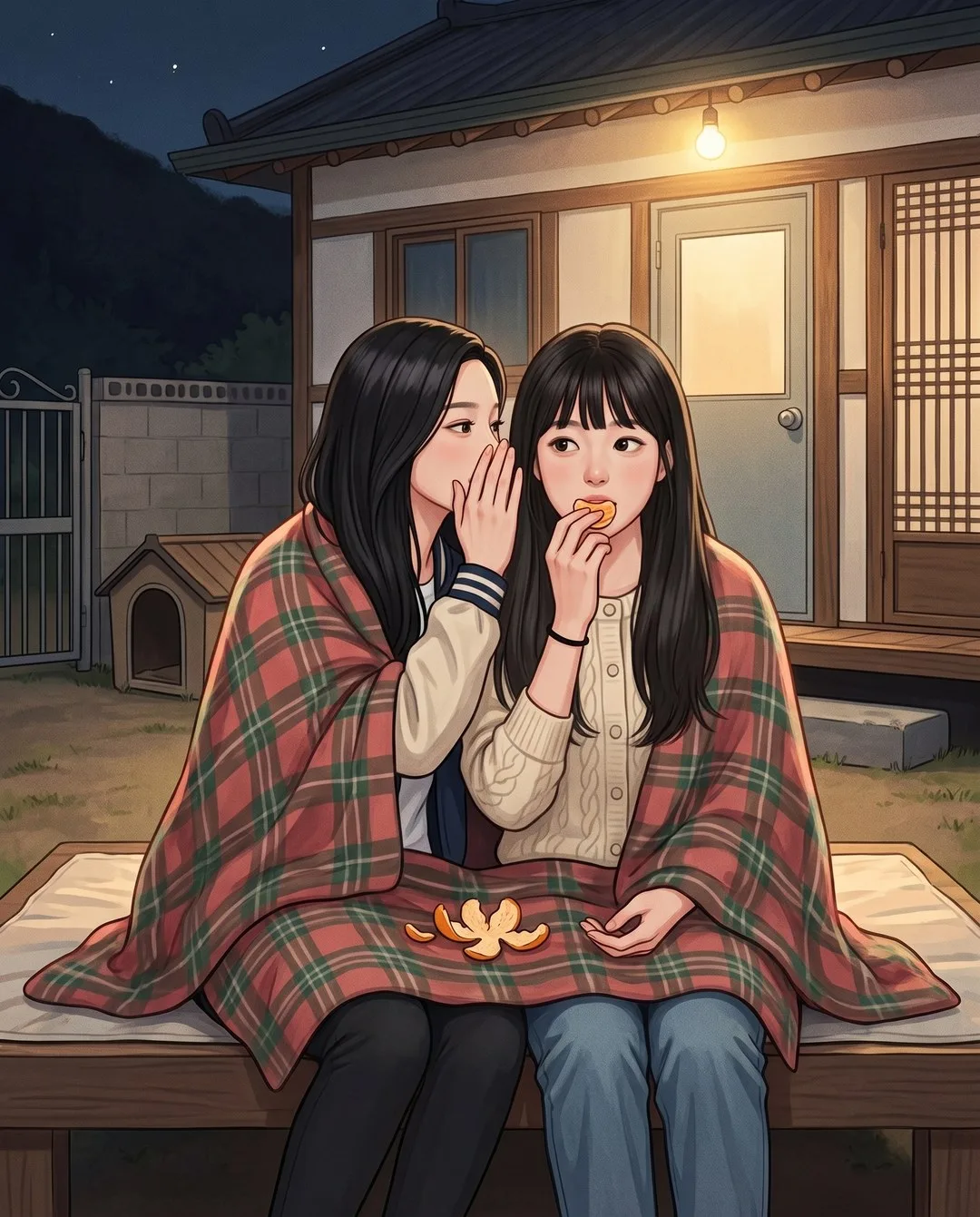 밤 민박 마당 평상, 담요를 함께 두른 수진이 성은의 귀에 대고 속삭이고 성은은 귤을 씹는다.