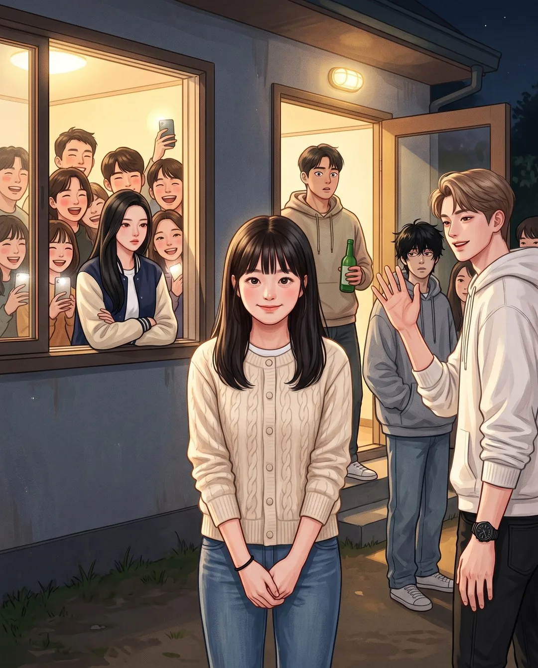 민박 창문마다 동기들 얼굴이 쏟아져 환호하고, 지훈 옆의 성은이 꾸벅 숙였다가 굳어 있다.